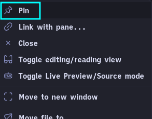 Highlighting the "pin" option in the Obsidian context menu.