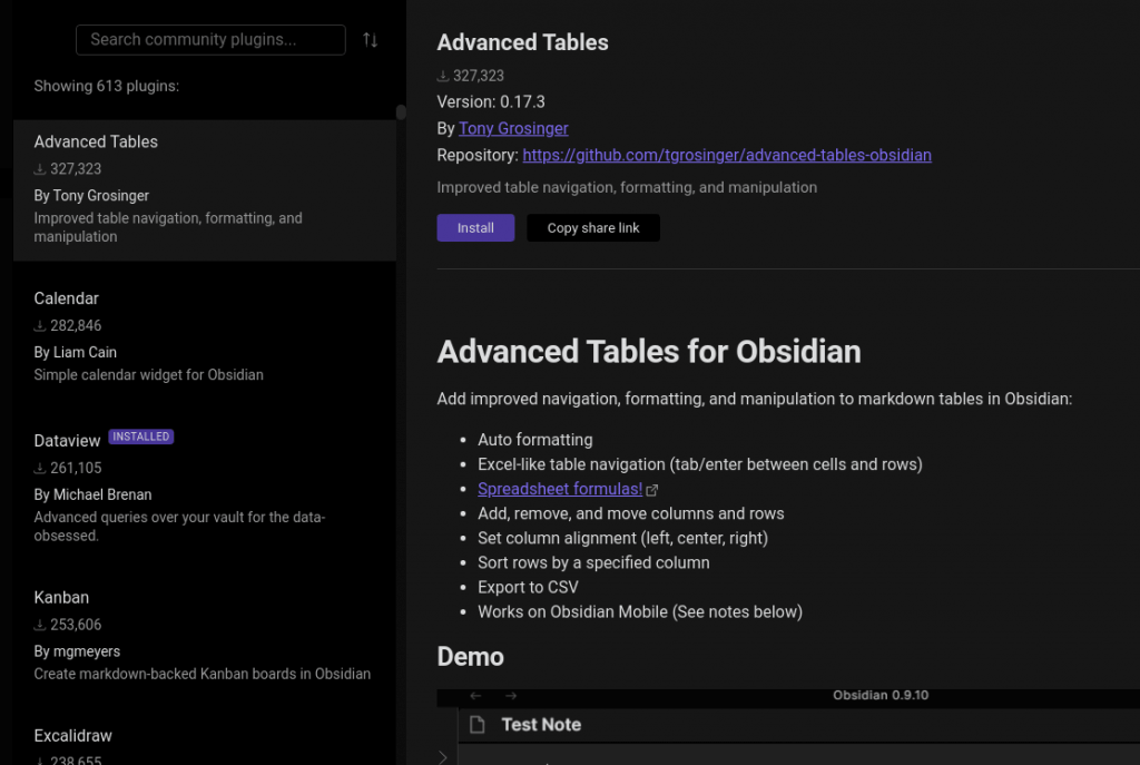 List of community plugins in Obsidian.