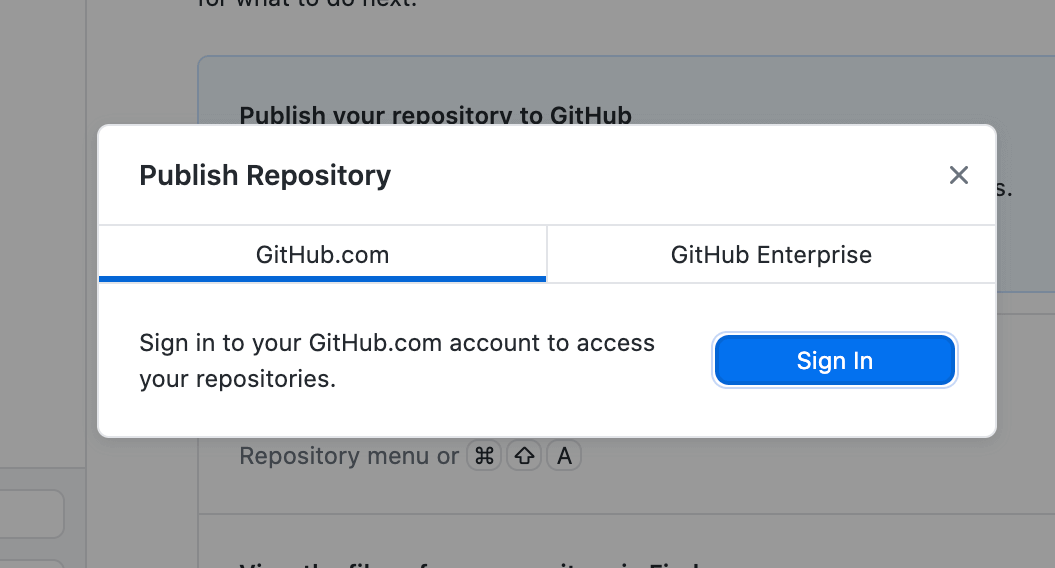 The Publish Repository overlay in Github Desktop, asking me to log in to Github.
