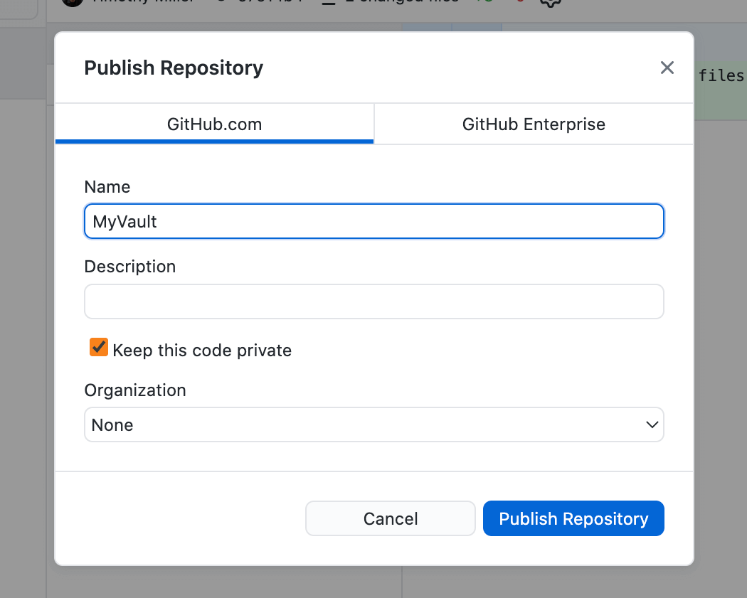 The Publish Repository overlay in Github Desktop.