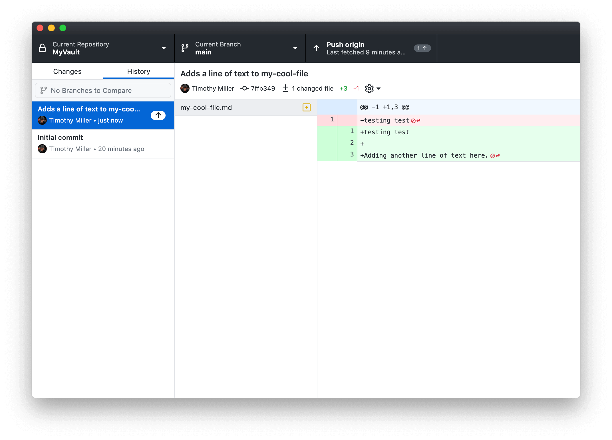 Viewing commits in Github Desktop.