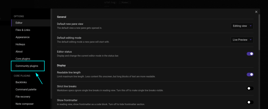 Obsidian settings page, with community plugins highlighted.