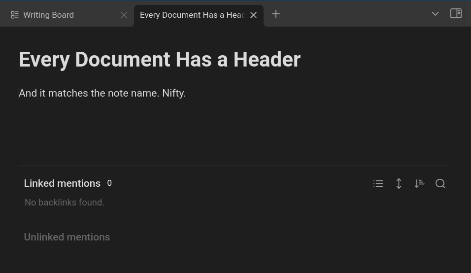 An example of a new document with an automatically generated header in Obsidian.